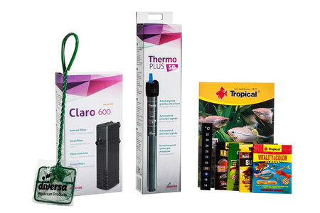 Zestaw akwarystyczny, startowy, profilowany z szybą giętą dla początkujących 54l Startup 60x30x30  LED Expert 10W z filtrem wewnętrznym Claro 600 i grzałką z regulacją 50W